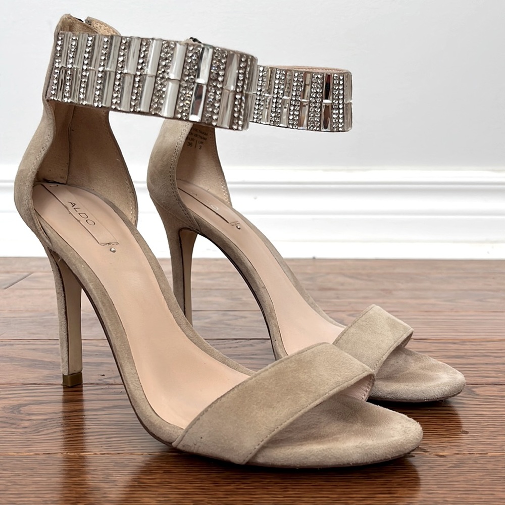 ALDO Gem-Embellished Stiletto Heeled Suede Sandal (in Bone - Size 6)